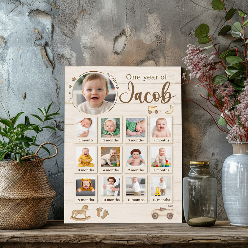 Rustic 1st birthday collage canvas print, personalized baby first year milestones with photos and name, nursery wall decor