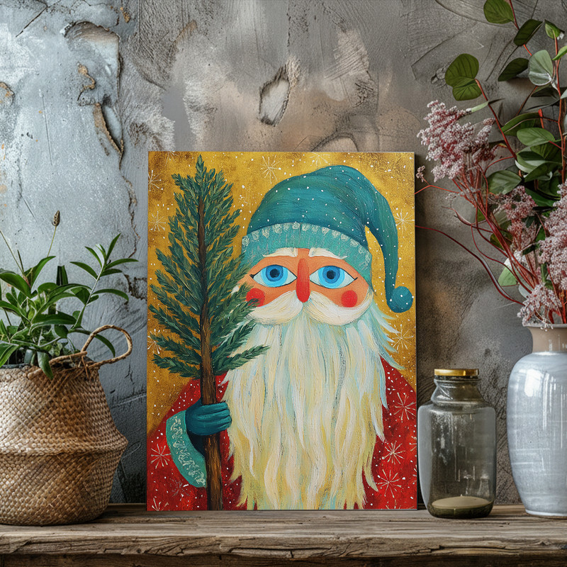 Rustic Santa Claus oil painting canvas wall art, whimsical Christmas hallway accent, timeless charm for holiday decor