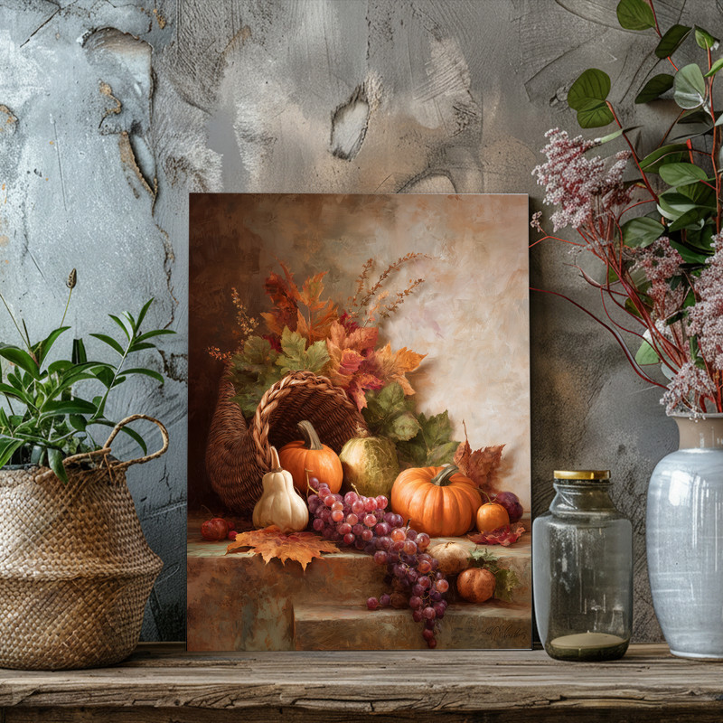 Rustic Thanksgiving centerpiece canvas wall art showcasing pumpkins and mums, warm farmhouse style accent for hallway