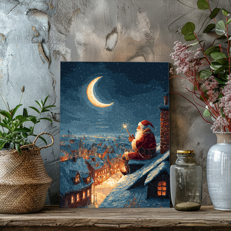 Santa's rooftop magic Christmas night canvas wall art, classic storybook style with reindeer poised on shingles near chimney