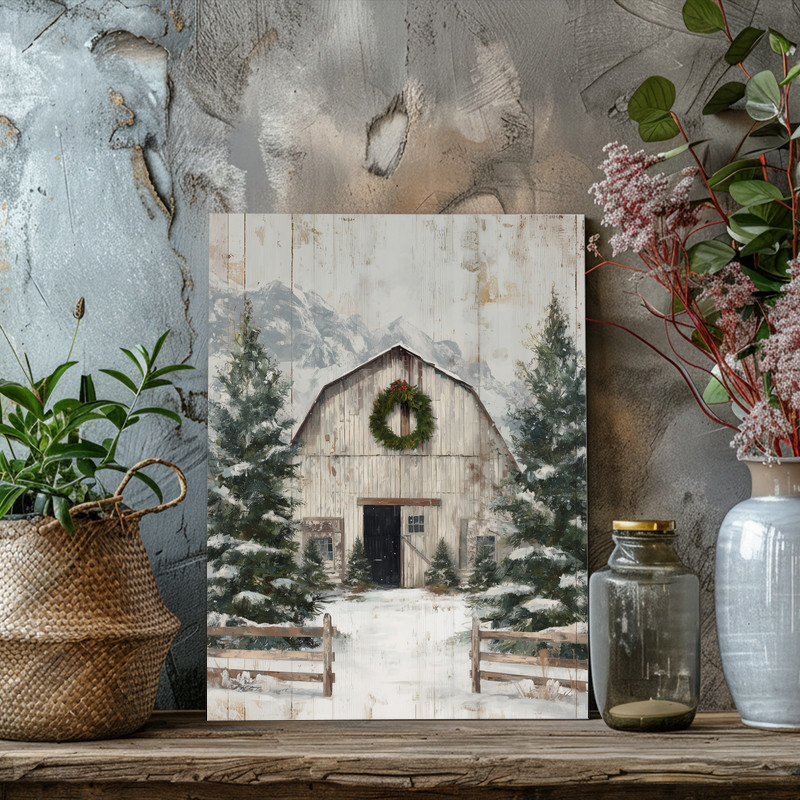 Rustic Christmas vintage barn canvas wall art for cozy farmhouse entryway, seasonal country decor with timeworn finish