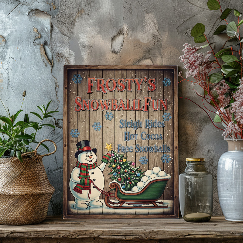 Vintage Frosty the Snowman canvas wall art in sepia tones, mid-century illustration style brings nostalgic charm to hallway