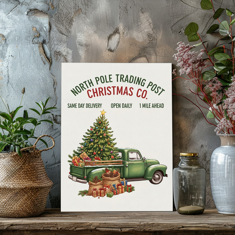 Vintage Thanksgiving truck canvas wall art showcasing harvest market pumpkins signage, cozy autumn decor for entry hallway