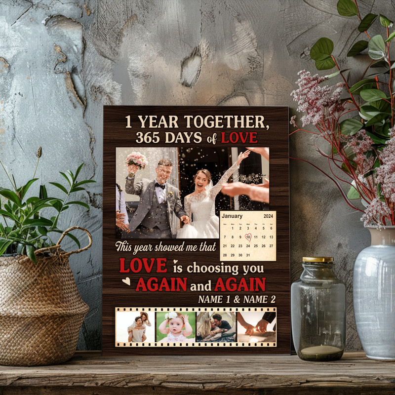 Anniversary canvas wall art photo collage for wedding memories, personalized with couple names and anniversary date