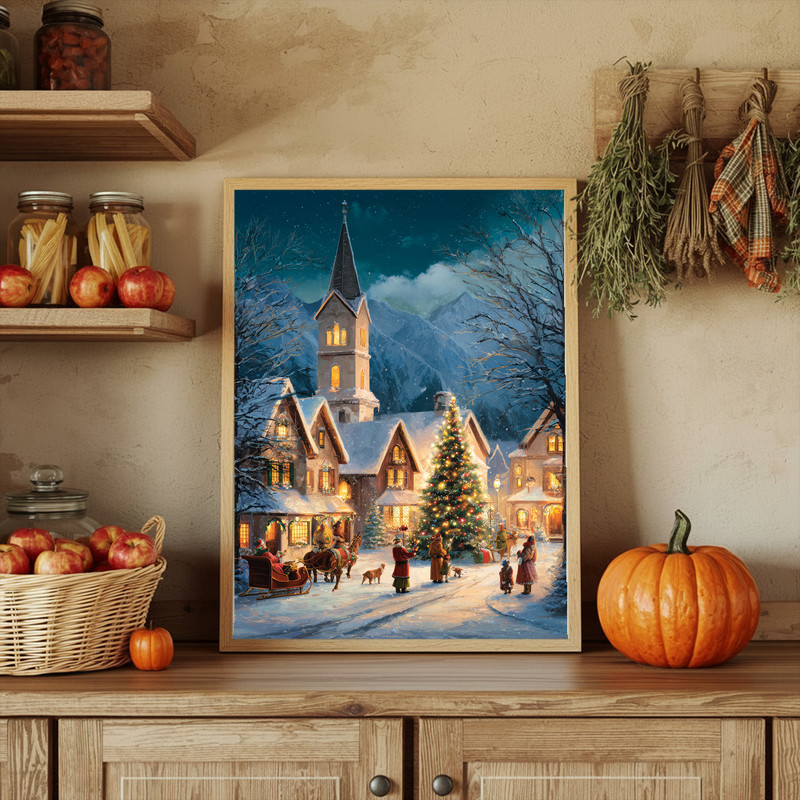 Magical Christmas night canvas wall art, snowy mountains under sparkling night sky, minimalist accent for hallway decor