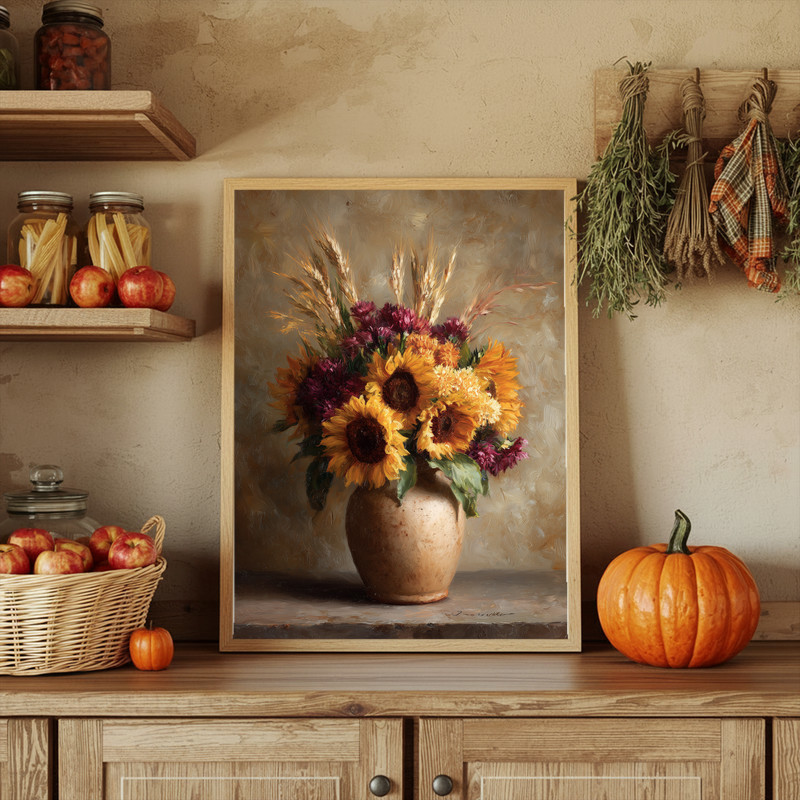 Autumn sunflower and wheat bouquet canvas wall art in clay vase, cozy rustic still life for hallway, matte canvas texture