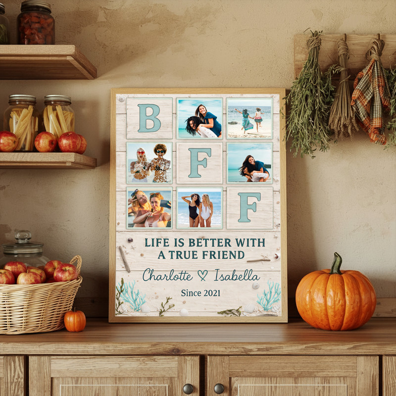 Best Friend Forever photo collage canvas wall art rustic coastal style, personalized with photos and names, living room decor