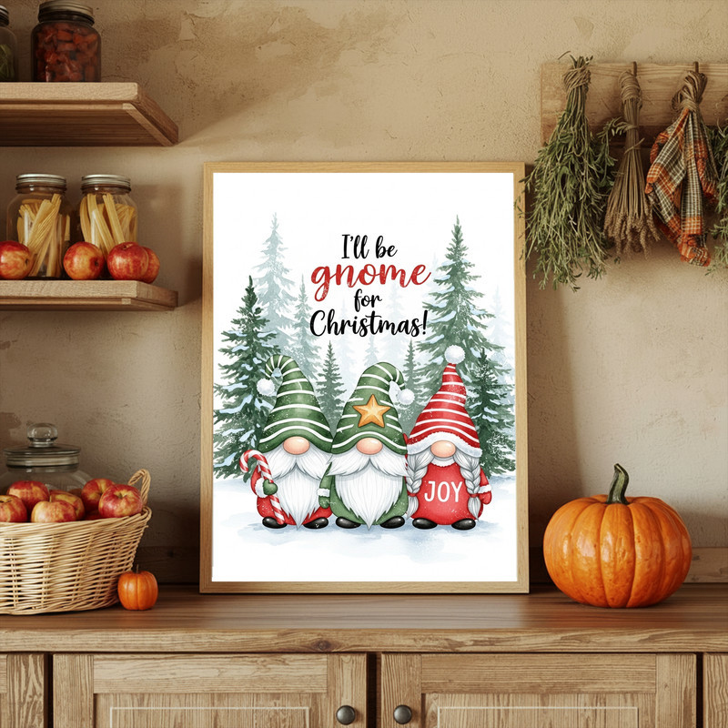 Christmas gnomes canvas wall art for festive farmhouse hallway decor, cozy Scandinavian charm with neutral holiday tones