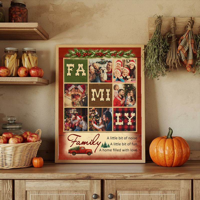 Rustic farmhouse family photo collage canvas, square layout, custom surname across center with family quote, whitewashed plank background, cozy decor