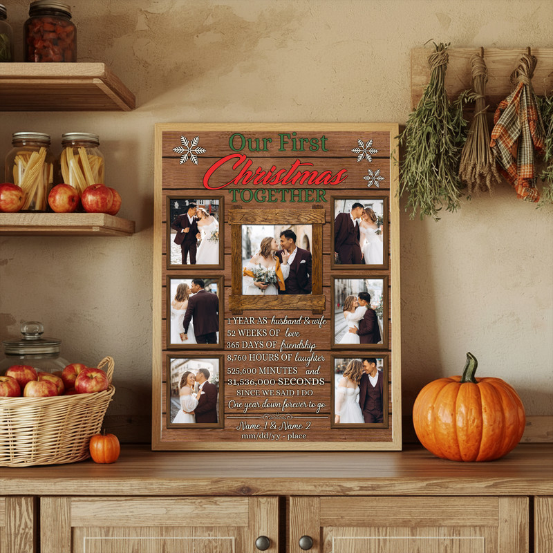 Our First Christmas Together photo collage canvas, personalized holiday keepsake with names, date, and favorite couple photos