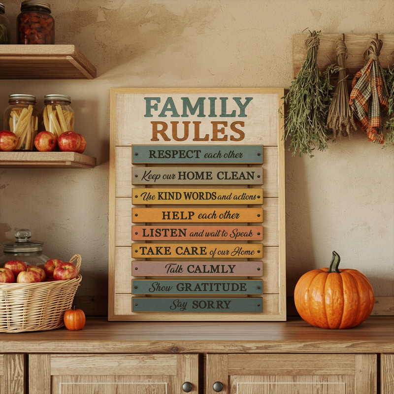 Family rules canvas print, farmhouse entryway decor with neutral tones, portrait orientation and clean, readable text