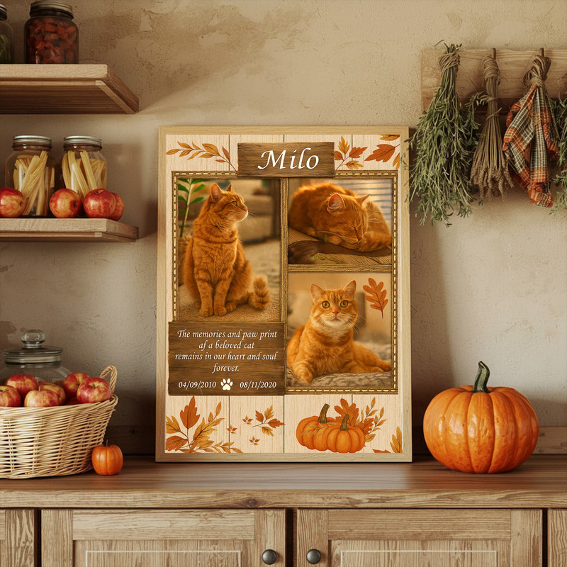 Farmhouse cat memorial canvas wall art, photo collage with fall colors; personalized tribute decor for living room or bedroom