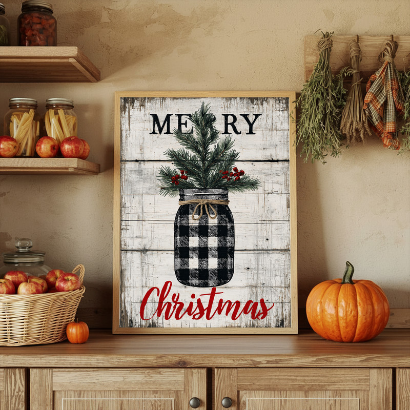 Farmhouse pine tree Christmas canvas art with textured canvas, deep green pines on beige backdrop for entryway wall