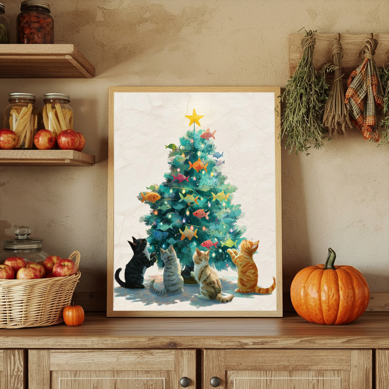 Christmas tree with curious kittens canvas wall art, whimsical holiday cat scene suited to entryway walls and seasonal charm
