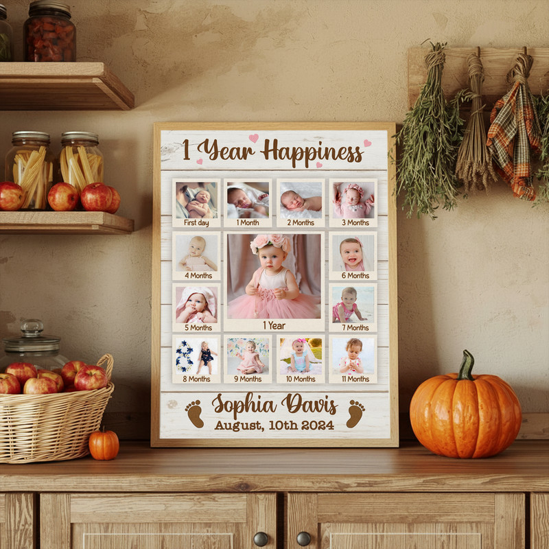 First year baby photo collage canvas, wood farmhouse style, 12-photo layout with custom name and date, nursery decor