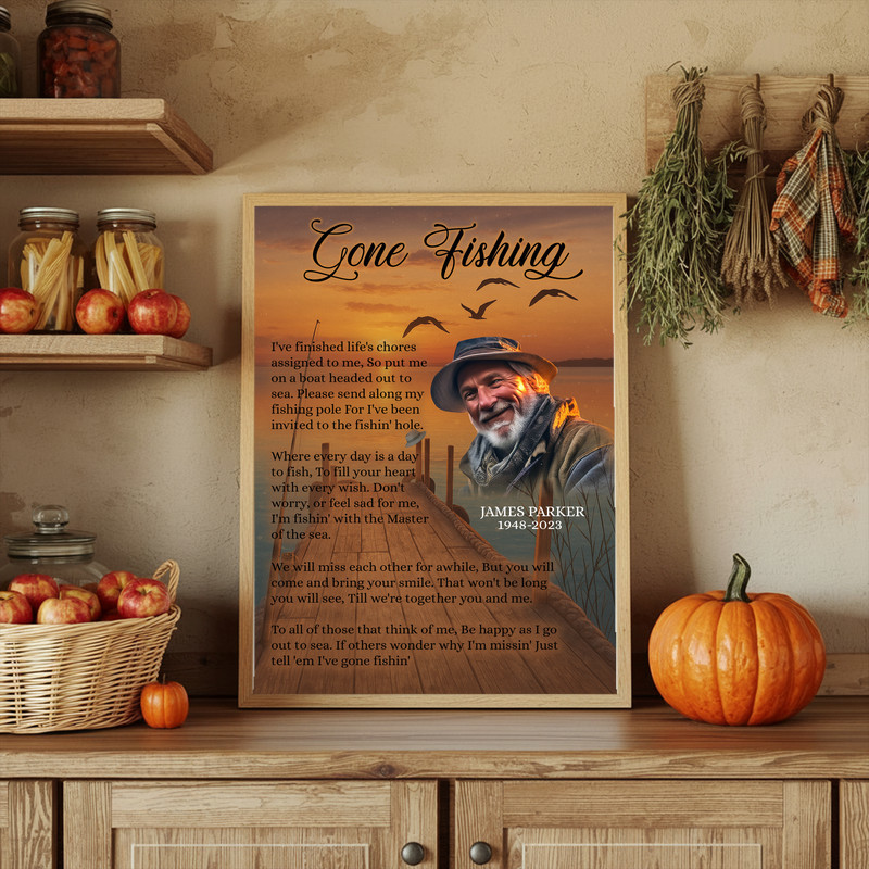 Fishing memorial canvas wall art featuring custom photo and name to honor a friend who loved angling; office wall tribute