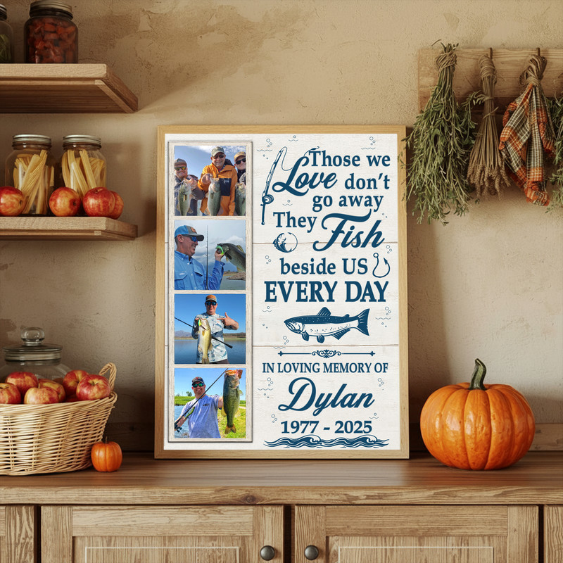 Fishing memorial canvas wall art, gallery-wrapped canvas, personalized photos with "In Loving Memory", woodgrain and rope accent details
