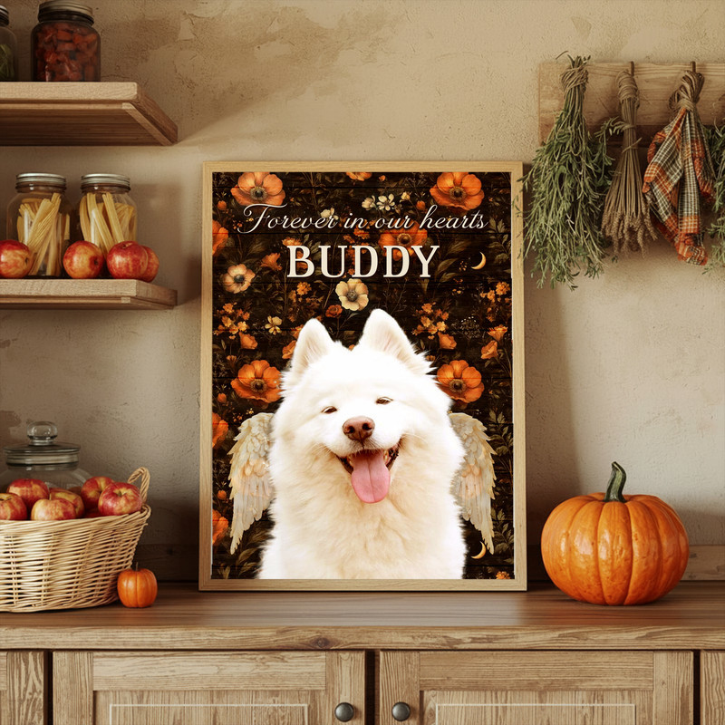 Dog tribute canvas print in autumn hues, customizable with name and dates, Thanksgiving remembrance decor for living room.