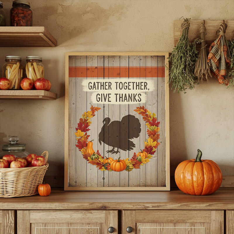 Gather Together Give Thanks canvas wall art, distressed rustic look for entry hall, inviting fall seasonal wall accent