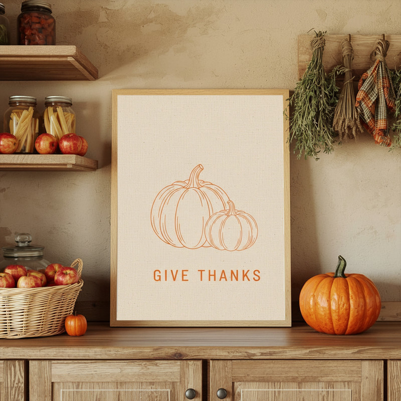 Give Thanks minimalist pumpkin wall art canvas in landscape layout, thin line illustration and tones for hallway fall mood