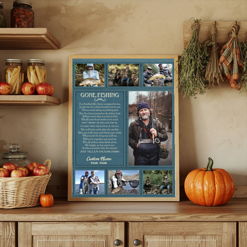 Gone Fishing memorial canvas wall art, blue watercolor background, personalized photo collage with name and dates for living room decor