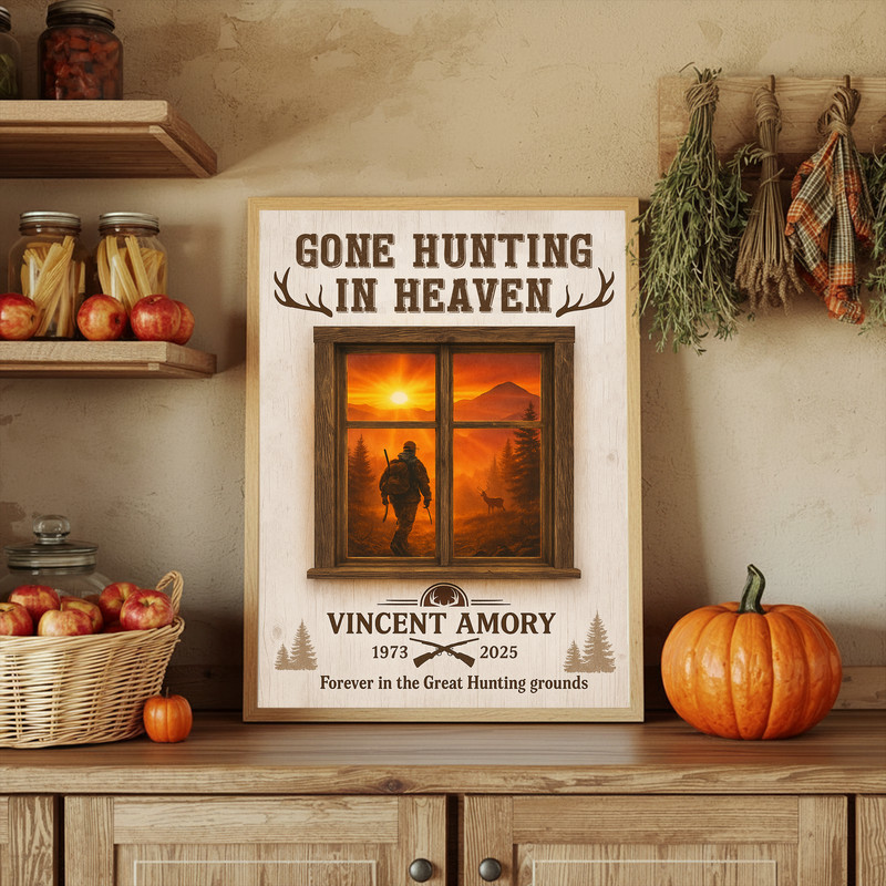 Memorial hunting canvas wall art with sky and clouds, Gone Hunting in Heaven quote, custom name and years, living room decor