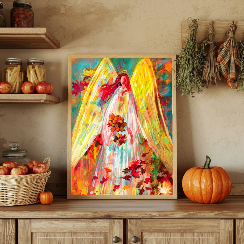 Harvest angel canvas wall art in autumn gold tones, maple leaf backdrop, luminous spiritual portrait for entryway display