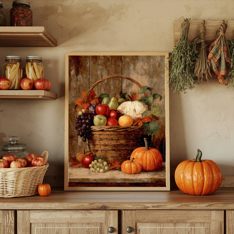 Autumn harvest still life canvas wall art for hallway decor, basket of apples, pears, and pumpkins in warm, inviting tones