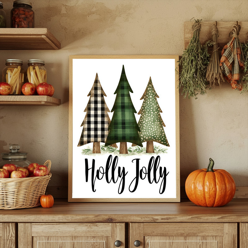 Holly Jolly rustic pine trees canvas wall art, muted sage and cream tones, Christmas farmhouse hallway decor, landscape