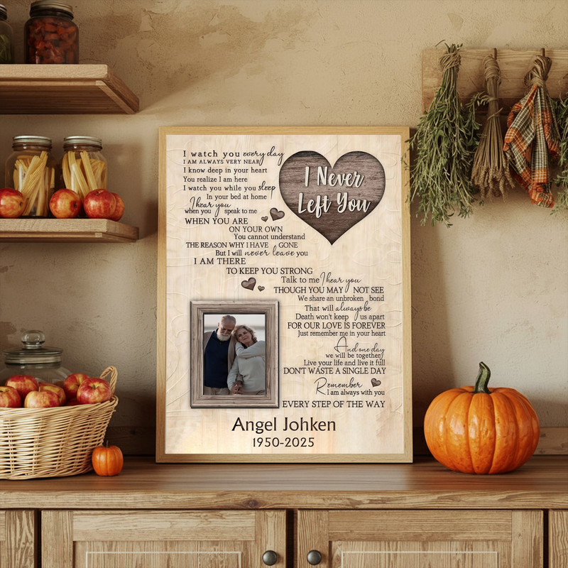 Remembrance canvas wall art photo frame personalized for bereavement, add photo, name, dates with I Never Left You verse