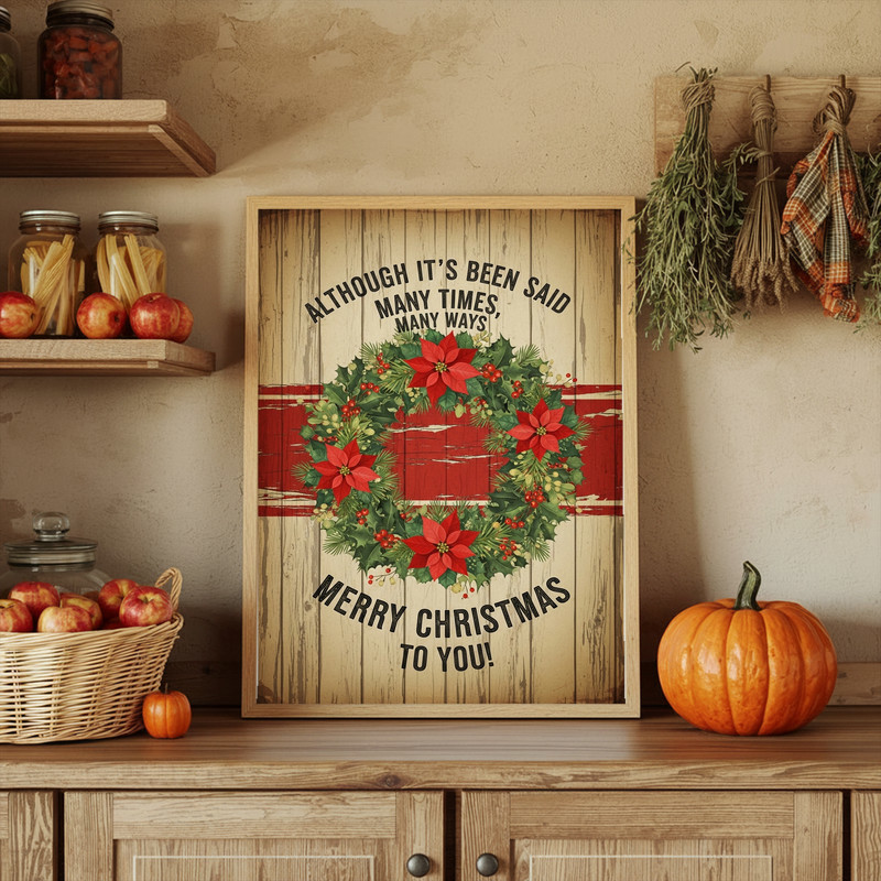 Antique-style Christmas wreath canvas wall art showcasing “Merry Christmas To You,” evergreen sprigs, warm tones, thoughtful hostess gift