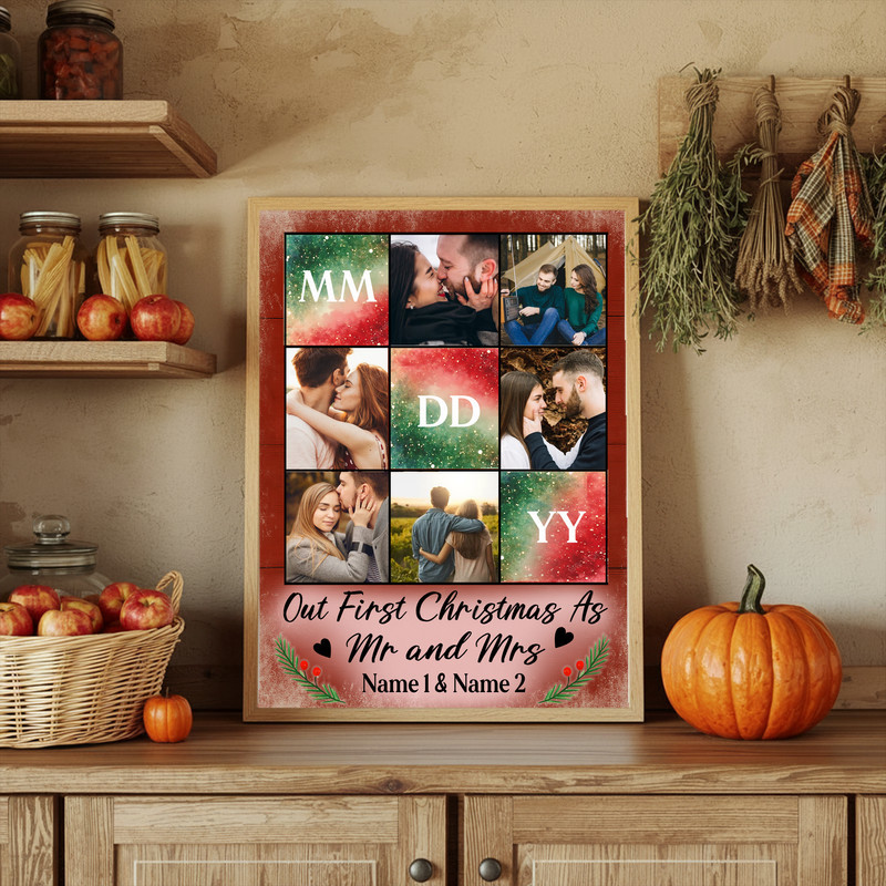 Our First Christmas as Mr & Mrs canvas wall art, farmhouse style photo collage with evergreen wreath, names and date Our First Christmas as Mr & Mrs canvas wall art, farmhouse style photo collage with evergreen wreath, names and date