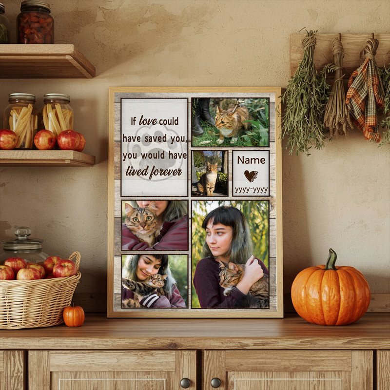 Cat memorial canvas wall art photo collage for living room decor, customizable with cat photos, name and dates