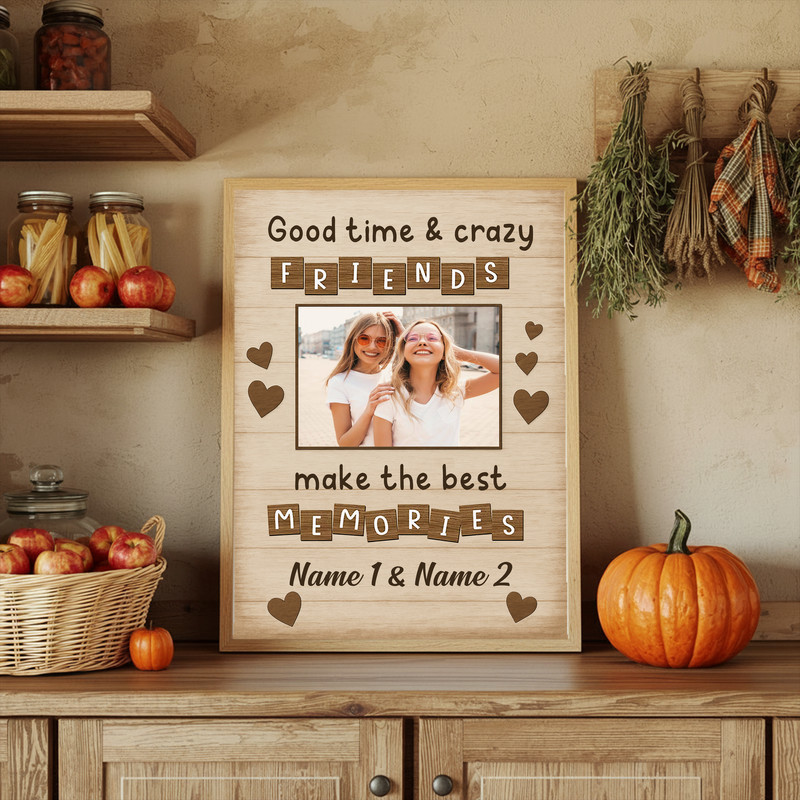 Friendship canvas print with your photo in rustic farmhouse style, wall art for living room decor and a best friend gift.