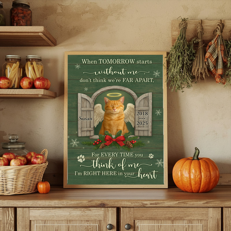 Cat memorial Christmas angel canvas wall art, rustic wood background, custom name and date, wings, holiday remembrance.
