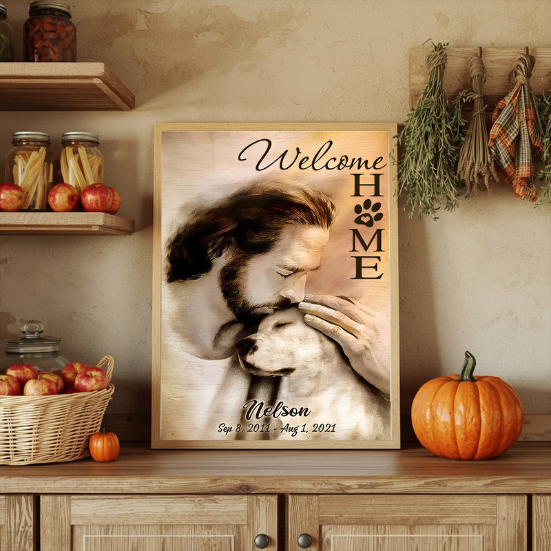 Christian dog memorial canvas wall art, Jesus greeting dogs in heaven, horizontal, personalized name and dates, tribute