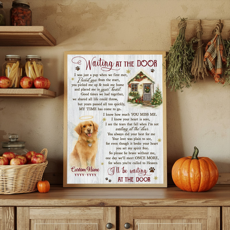 Pet remembrance canvas wall art, Christmas, 'Waiting at the Door' verse, custom name and dates, gentle memorial accents