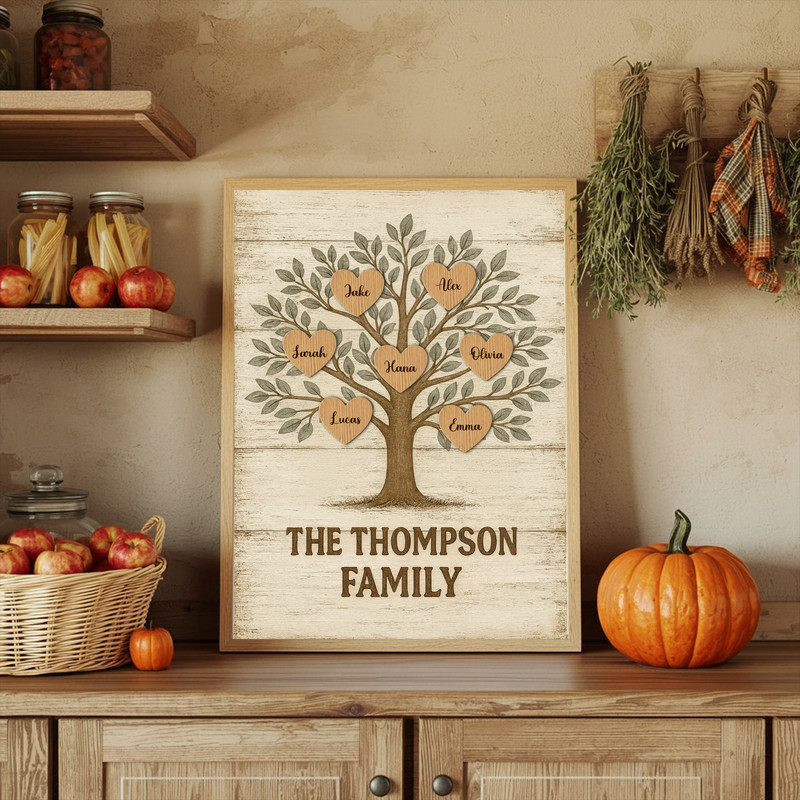 Personalized family tree canvas print, rustic farmhouse neutral palette, gallery-wrapped, entryway wall decor for new home