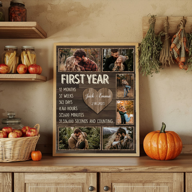 First-year anniversary photo collage canvas for couples, personalized with photos, names and date, rustic entryway wall art