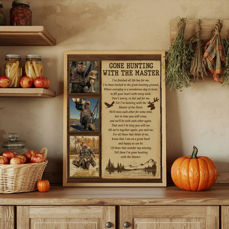 Hunter remembrance canvas wall art in rustic neutral tones, portrait orientation, personalized name and dates, man cave decor