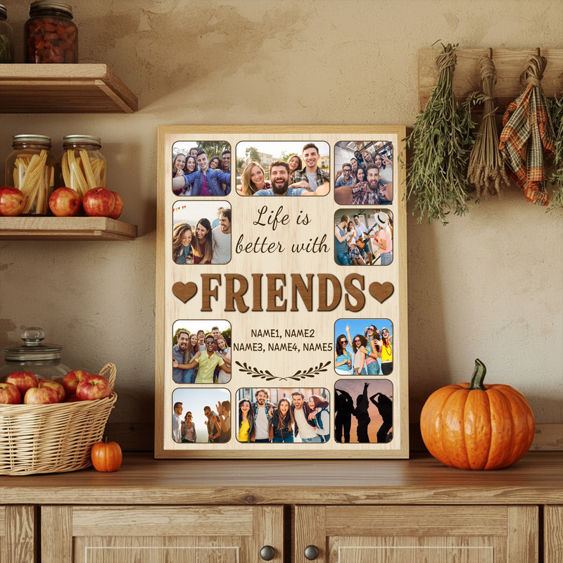 Life Is Better With Friends photo collage canvas, modern gallery wrap, personalized 8-photo layout with names, birthday gift