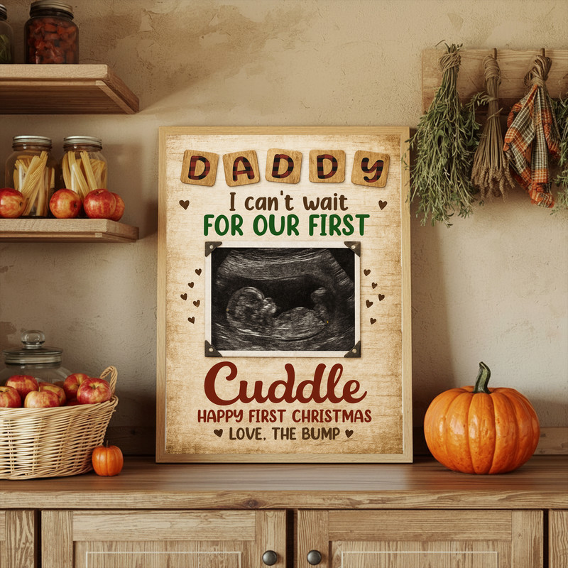 Daddy to be gift rustic canvas wall art customized with baby ultrasound photo and heartfelt note, warm wood-grain aesthetic