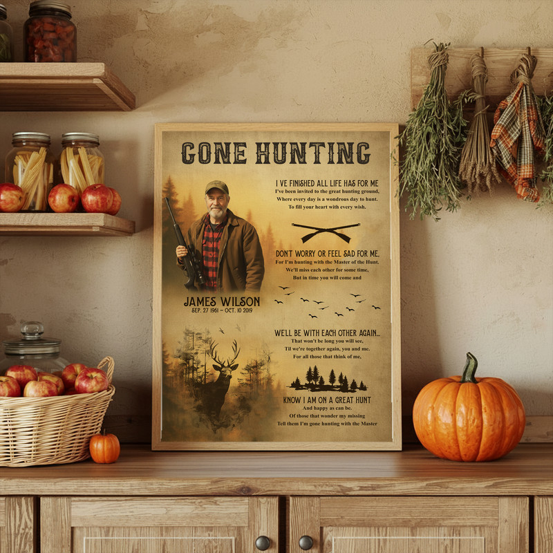 Memorial deer hunting canvas print in portrait orientation, vintage look, custom name and dates, condolence gift for Grandpa