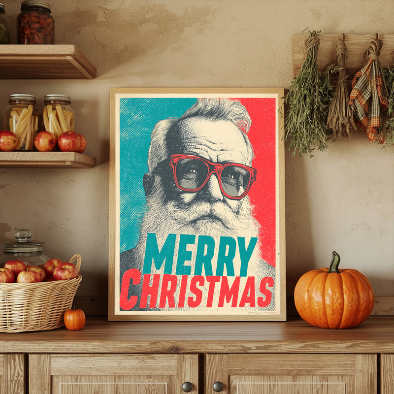 Retro comic Santa Christmas canvas wall art with starburst background and wink, bright pop art palette for entry hallway