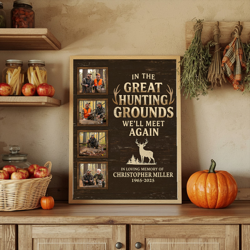 Rustic farmhouse memorial hunting canvas featuring elk under pines, custom name and dates, sepia tones, sympathy gift for hunters
