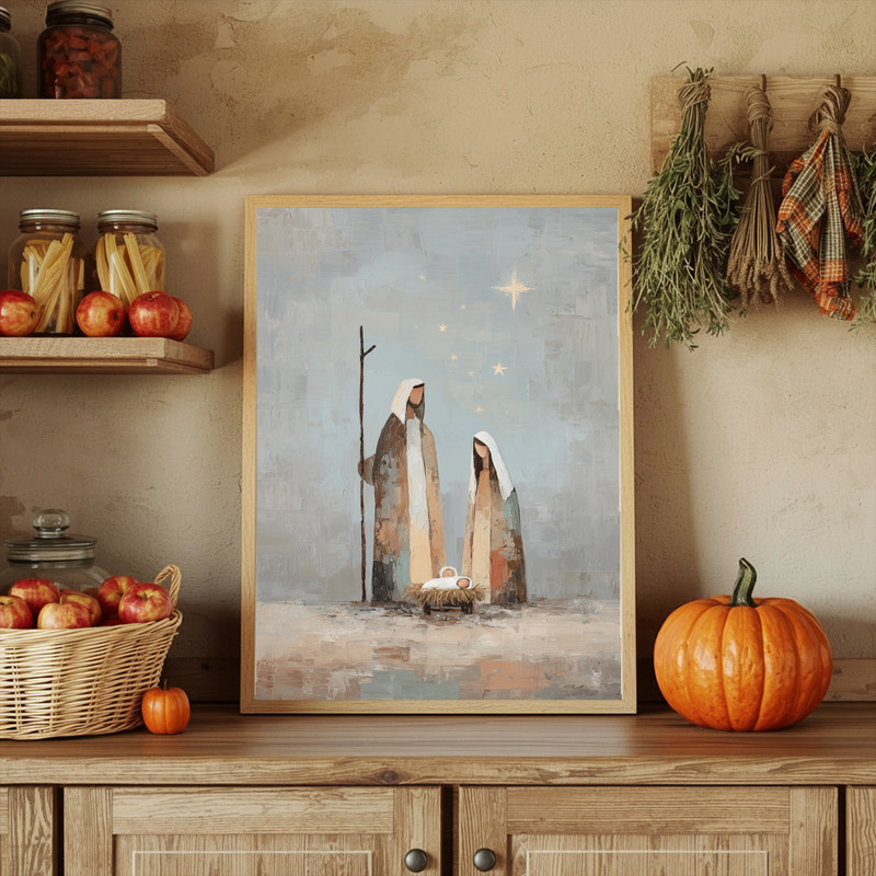 Holy Family canvas wall art, minimalist line drawing nativity on cream background, portrait for entryway Christmas decor