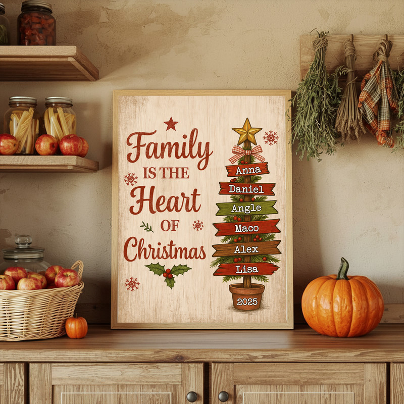 Rustic Christmas family tree stretched canvas, custom family name and date, sepia tones, landscape orientation, hallway decor