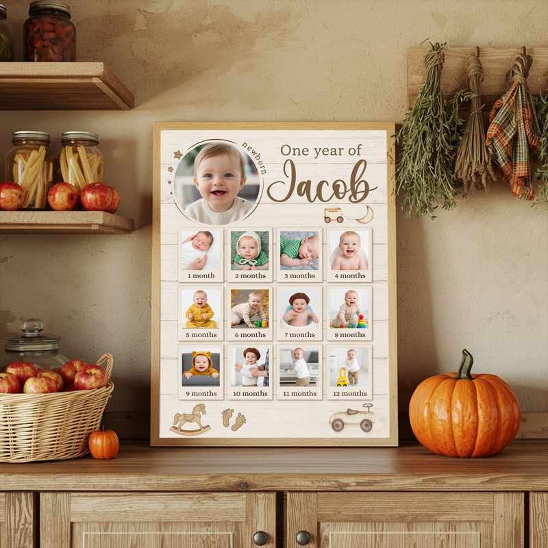 Rustic baby first year photo collage canvas wall art, 1st birthday keepsake personalized with name and date for nursery