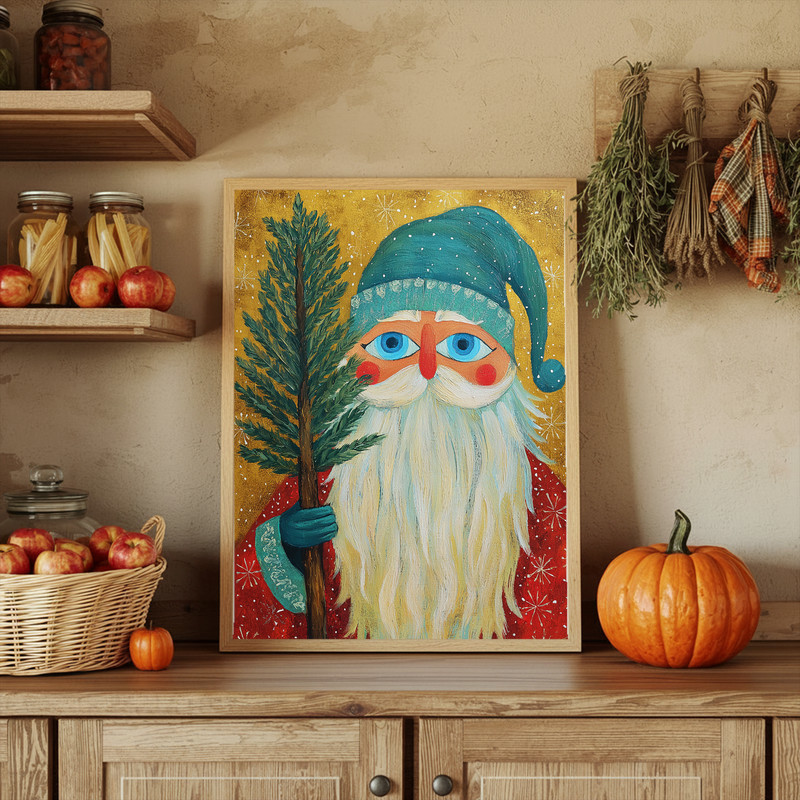 Santa Claus oil painting canvas wall art, rustic Christmas hallway decoration, whimsical style to brighten cozy winter entry
