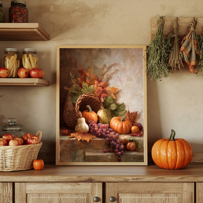 Rustic Thanksgiving centerpiece canvas wall art, pumpkins with mums in cozy fall tones, perfect seasonal hallway decor
